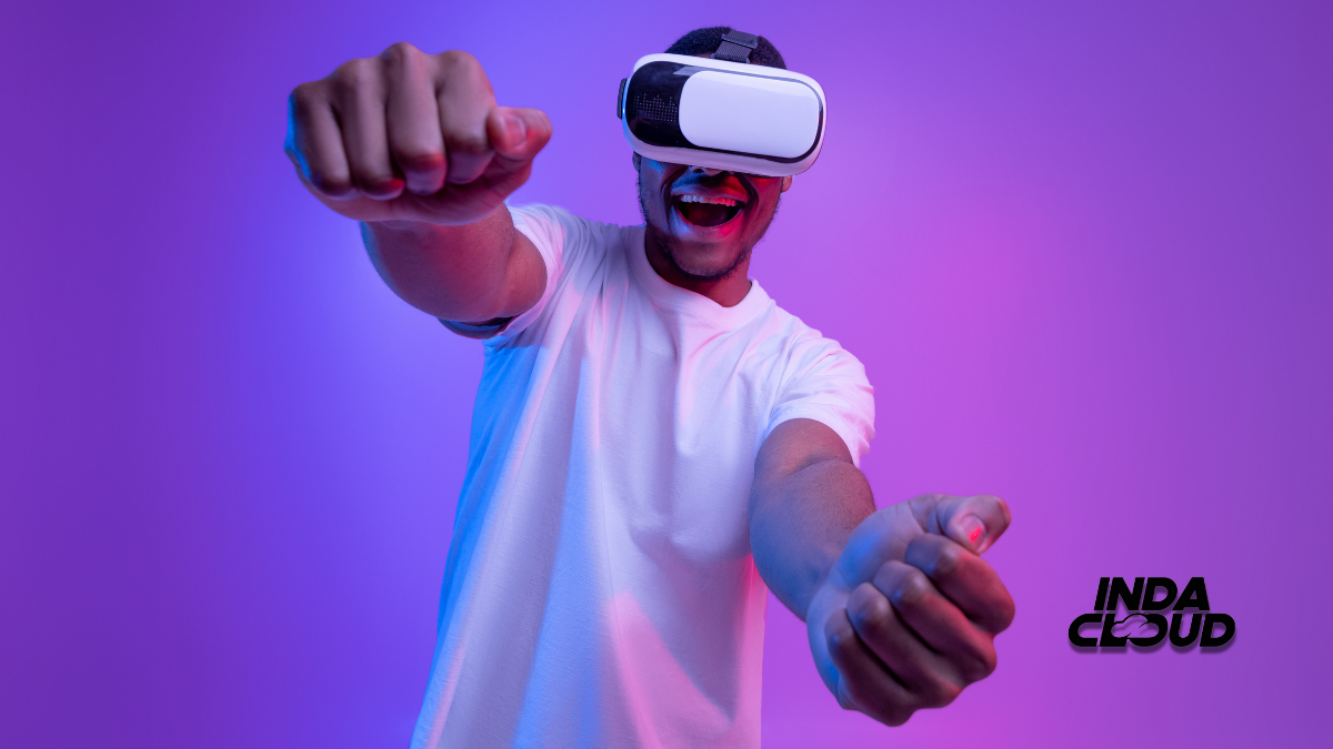 High Score: The Best Video Games To Play While Elevated 13 Man With Vr Headset Enjoying Gaming, Indacloud Logo Visible.