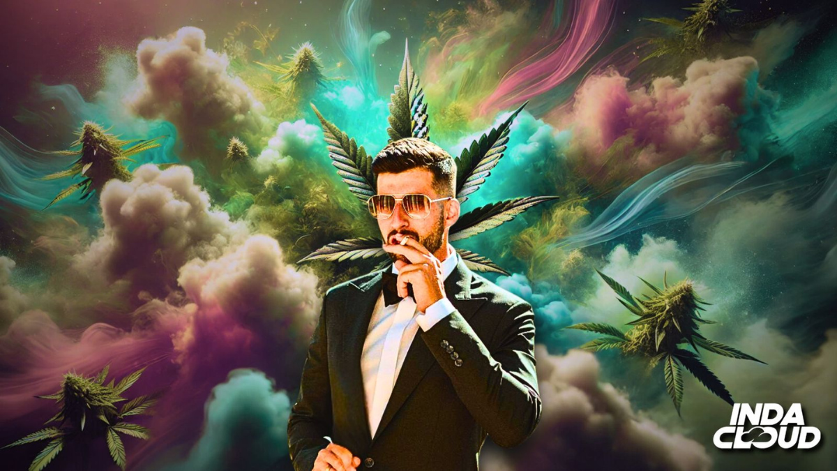 The 2025 Guide To Responsible Cannabis Consumption 10 Man In A Suit And Sunglasses Smoking, With A Surreal Background Of Colorful Clouds, Cannabis Leaves, And Floating Buds.